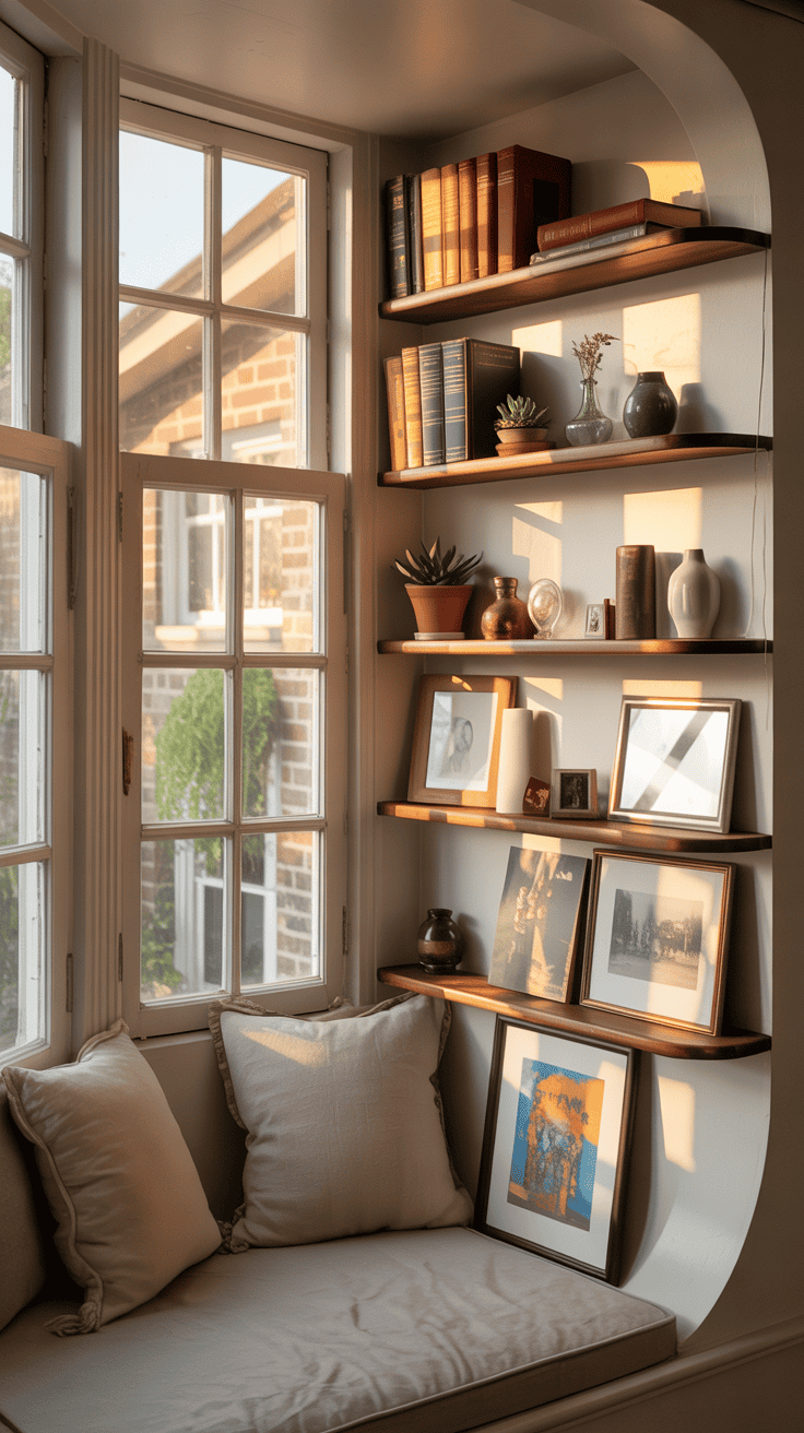 A cozy bay window with creative shelving displaying books, art, and decorative items
