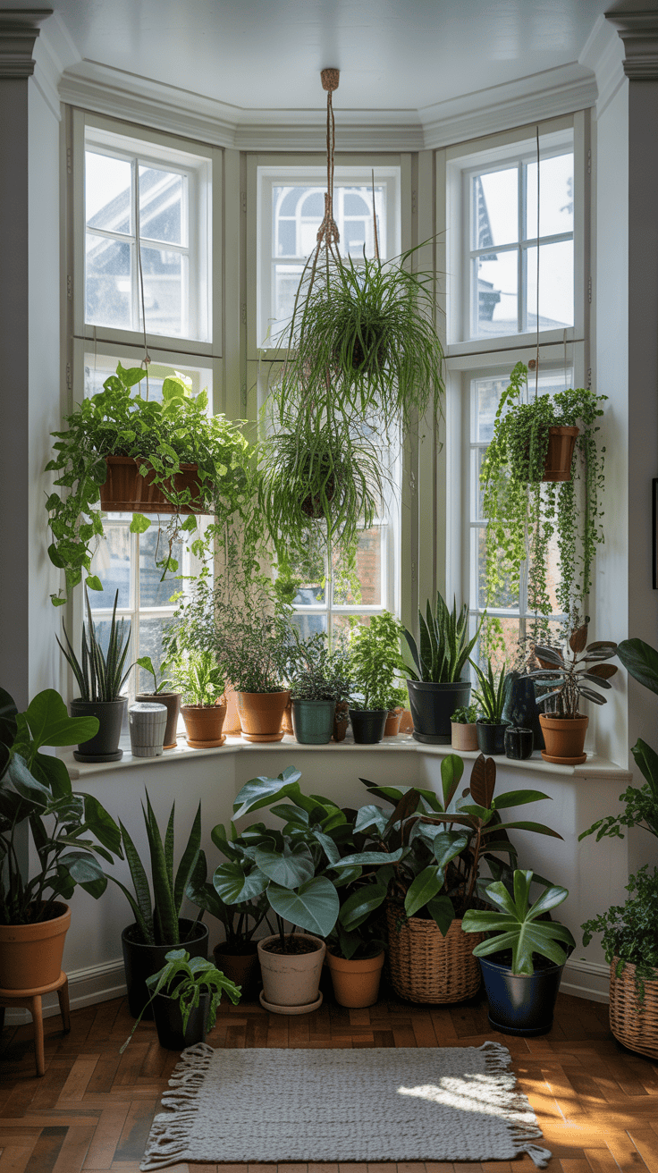 A bay window filled with various indoor plants in pots, creating a vibrant and lively atmosphere