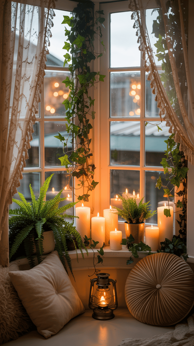 A decorated bay window featuring soft greenery, glowing candles, and cozy decorative accents