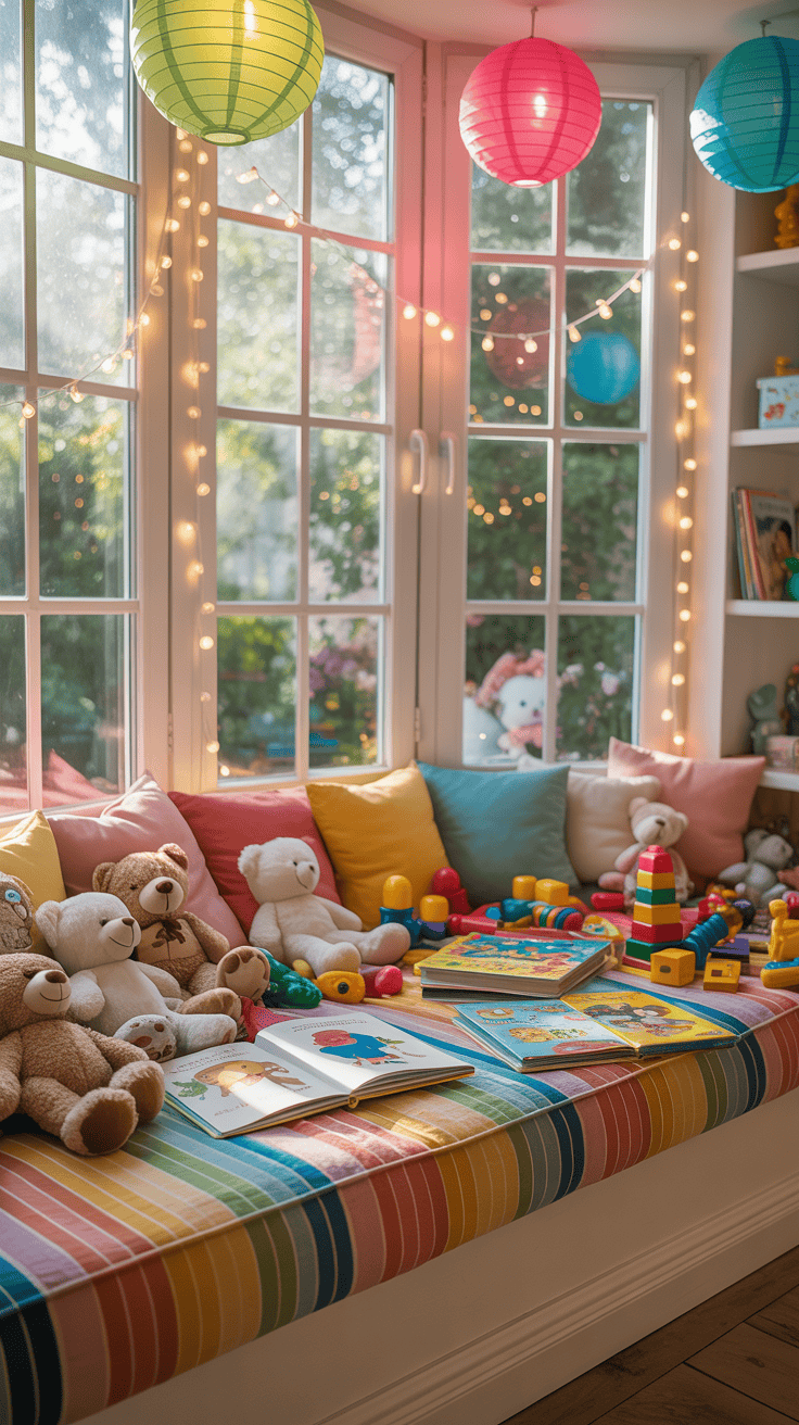 A colorful play space for kids featuring toys, books, and bright decorations in a bay window