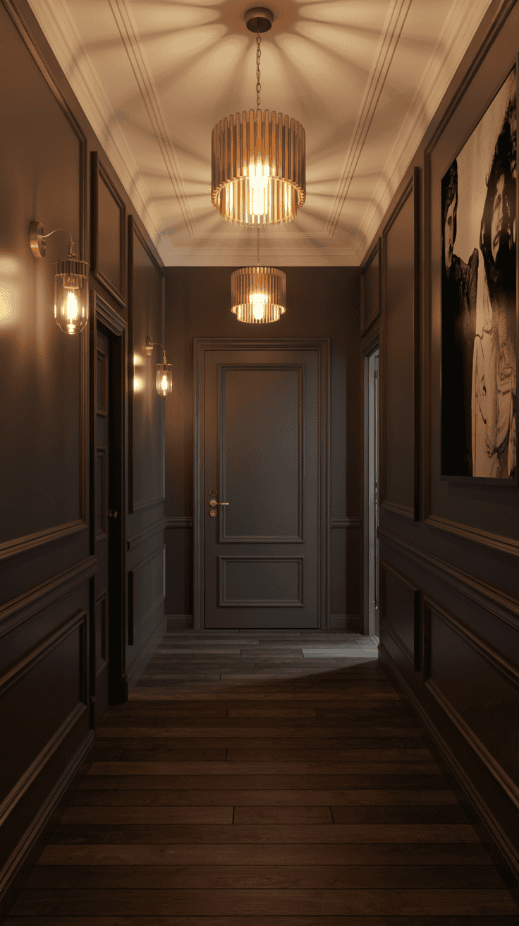 A dimly lit hallway with dark walls and elegant lighting fixtures.