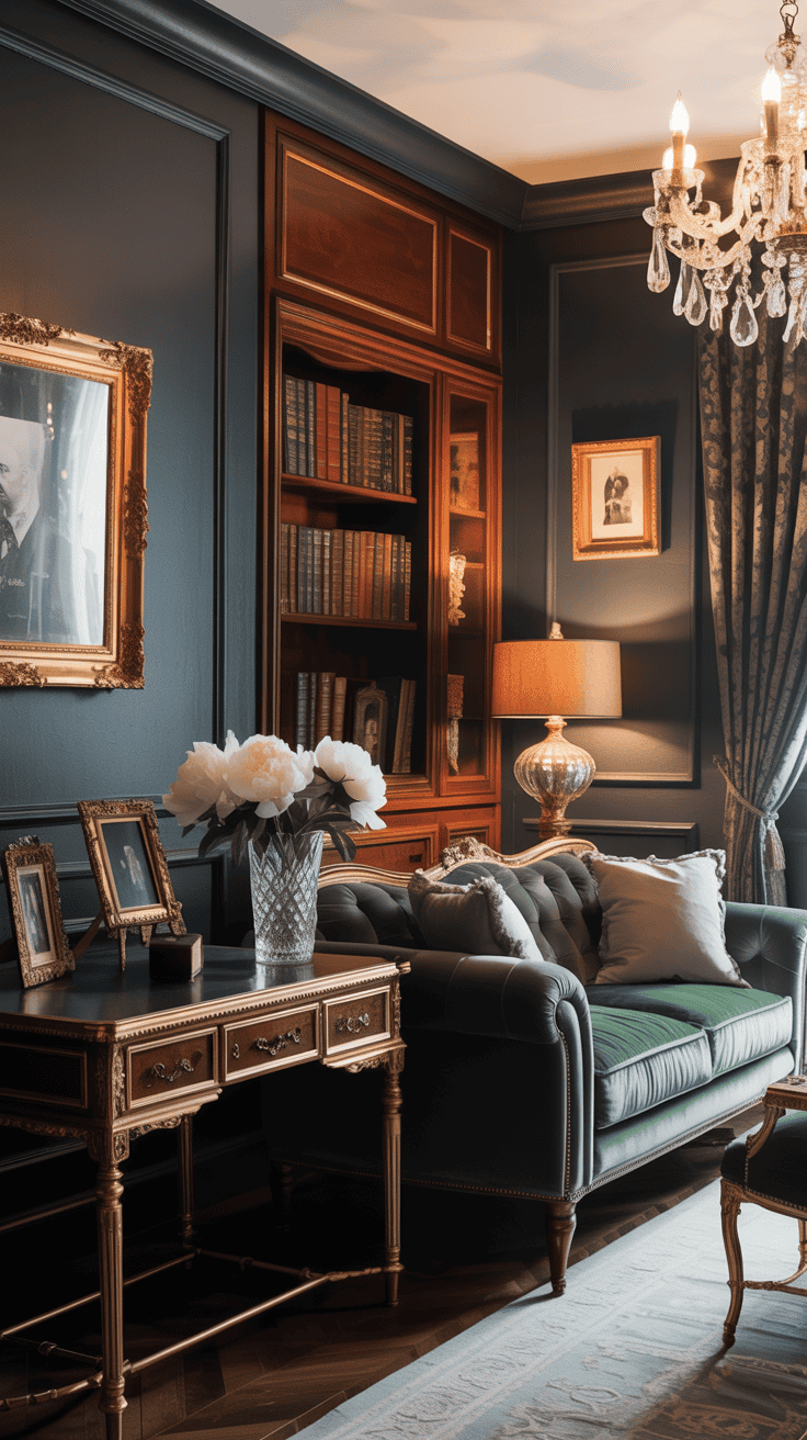 A cozy room featuring dark walls, antique furniture, and elegant decor.
