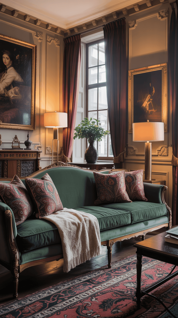 Cozy living room with layered textiles in a modern Victorian style