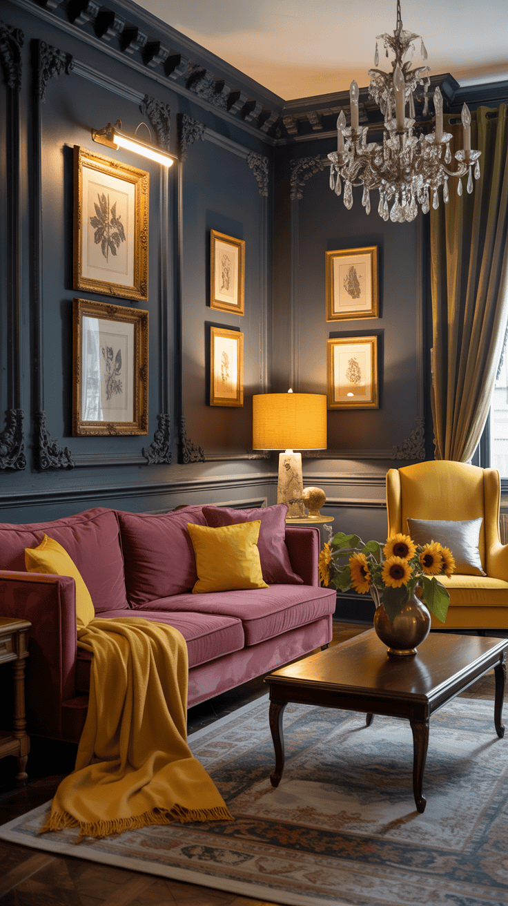 A modern Victorian living room with dark walls and bright yellow accents.