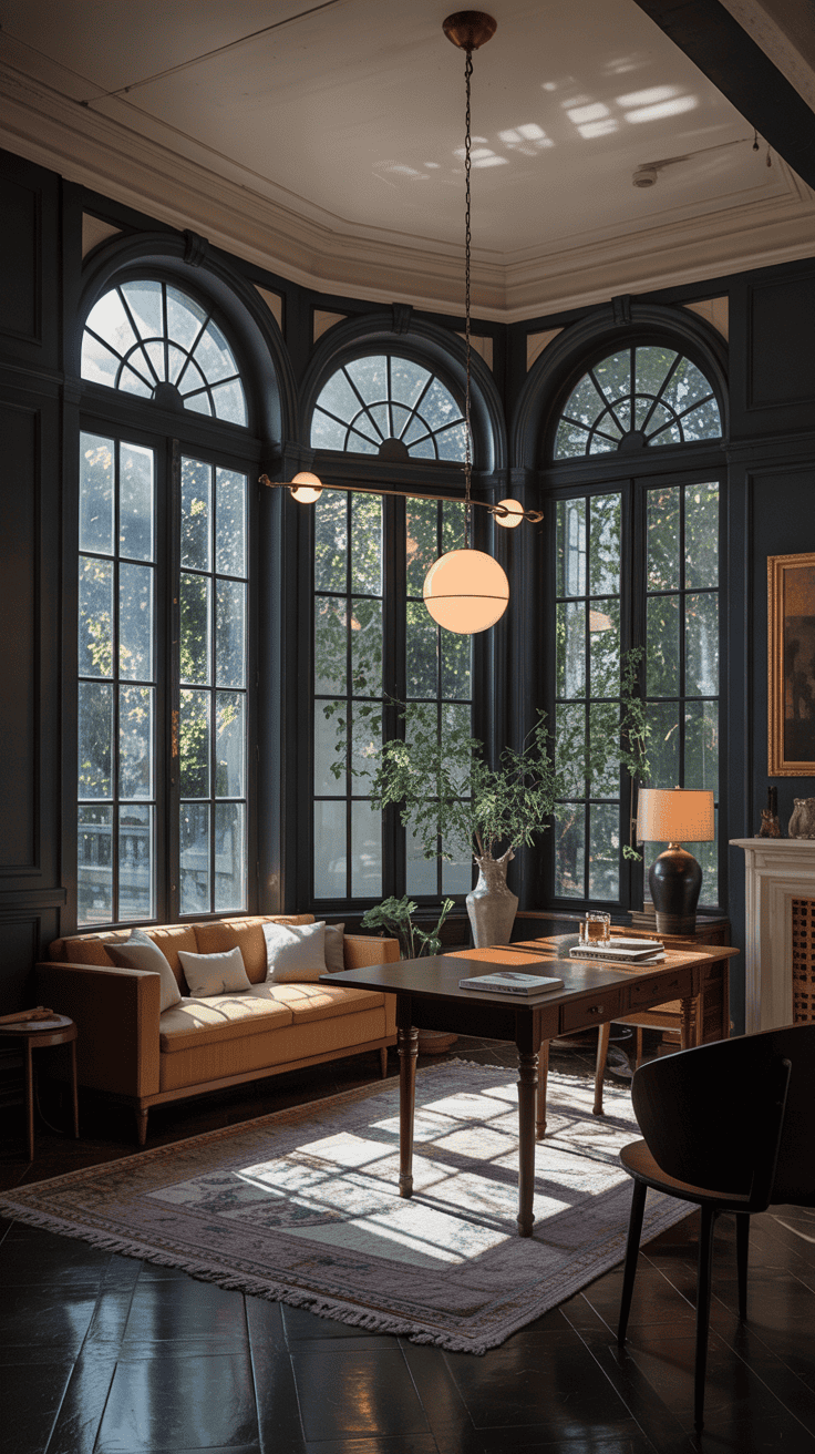 A beautifully lit room with large windows and dark wood accents.