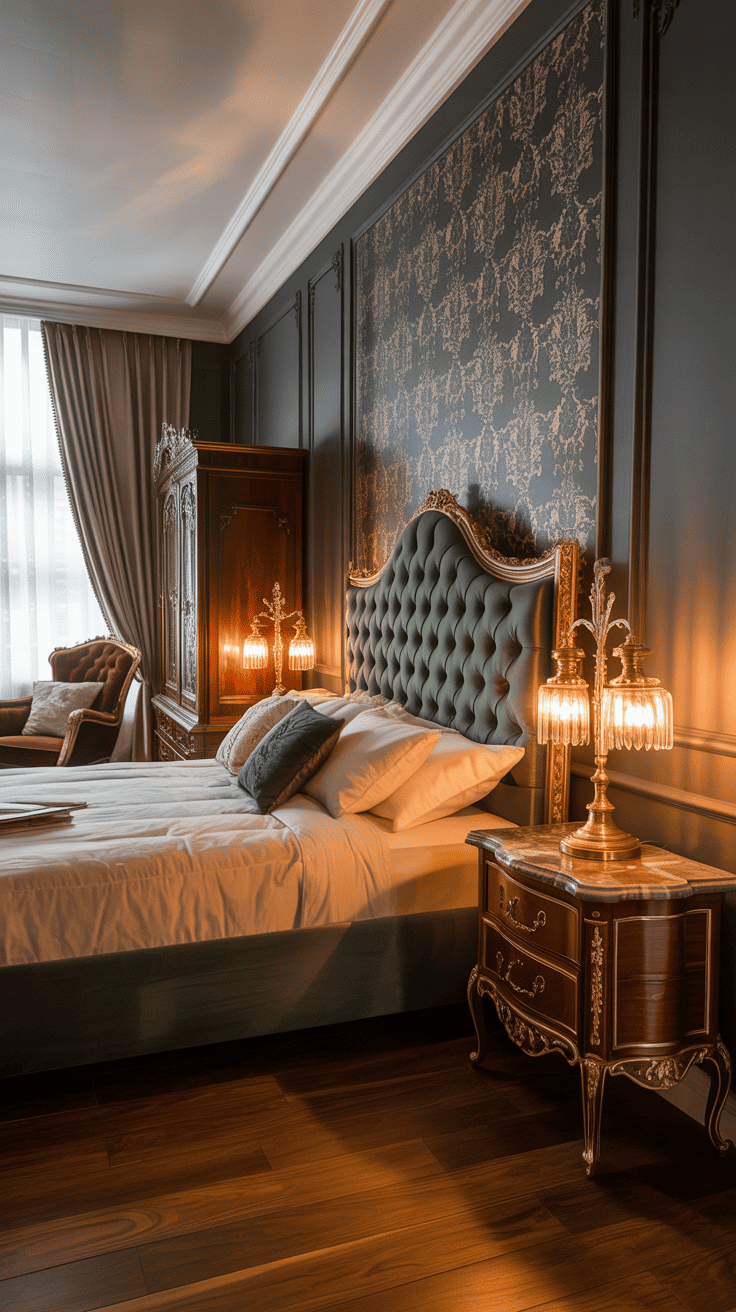 A beautifully decorated bedroom featuring a dark accent wall, ornate furniture, and elegant lighting.