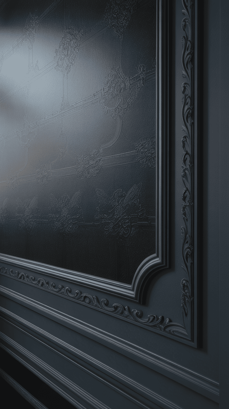 Close-up of a textured black wall with ornate trim.