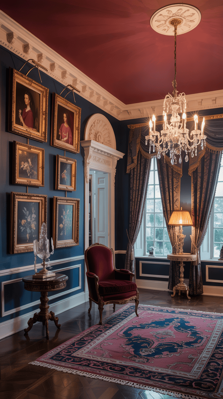 A cozy Victorian room with deep blue walls, a red ceiling, vintage furniture, and classic artwork.