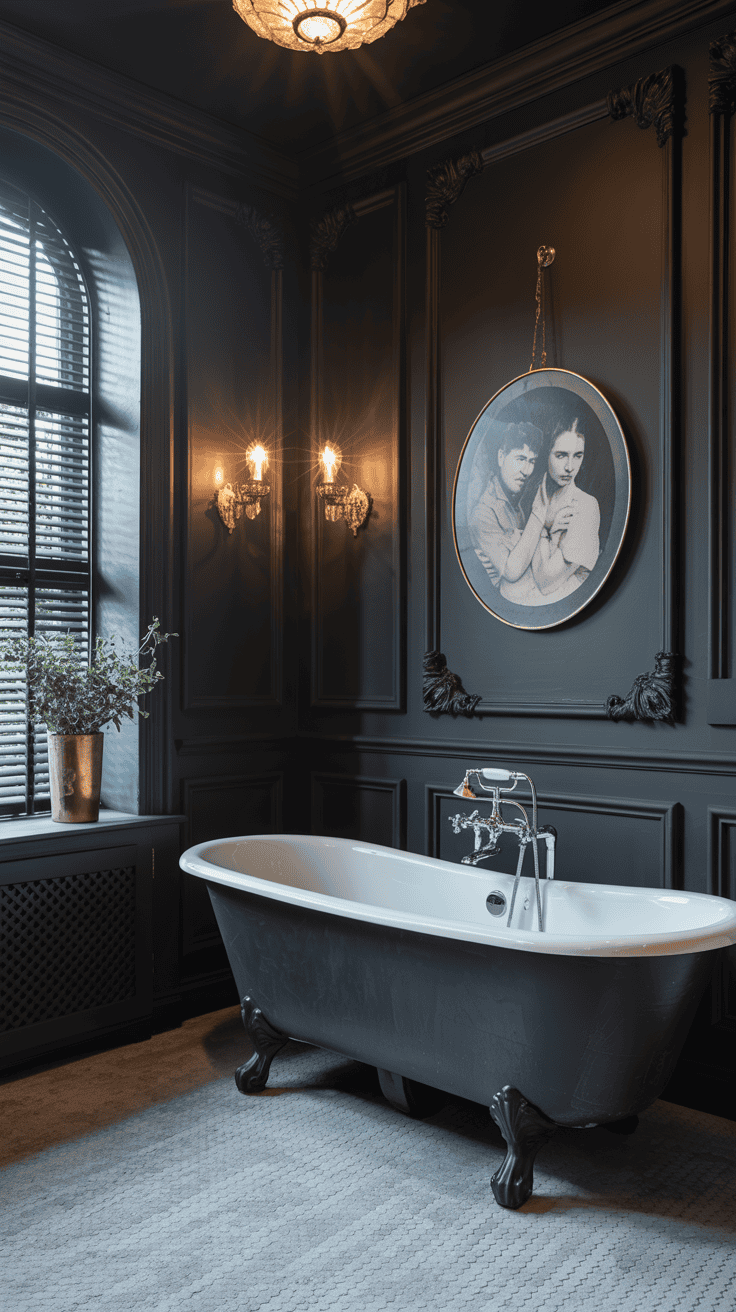 A luxurious bathroom featuring dark walls, a vintage bathtub, and elegant decor.