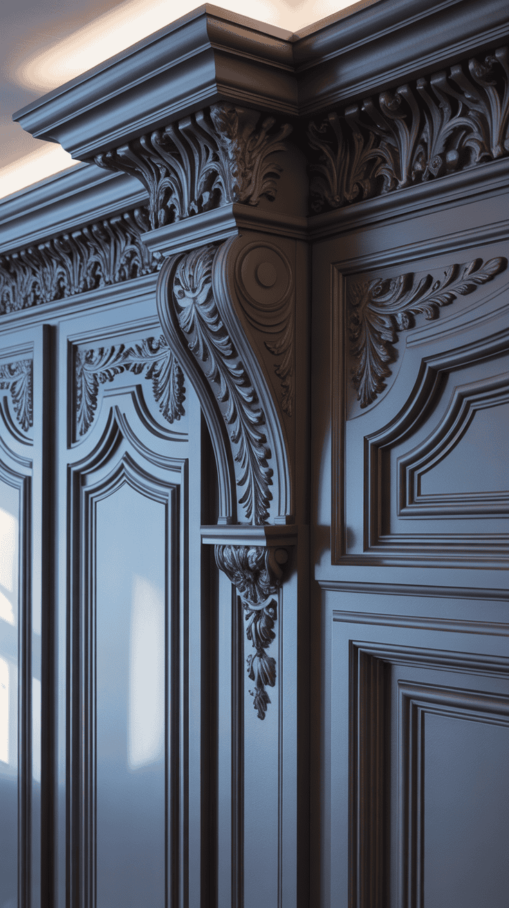Close-up of ornate architectural details in a modern Victorian home with dark paint.