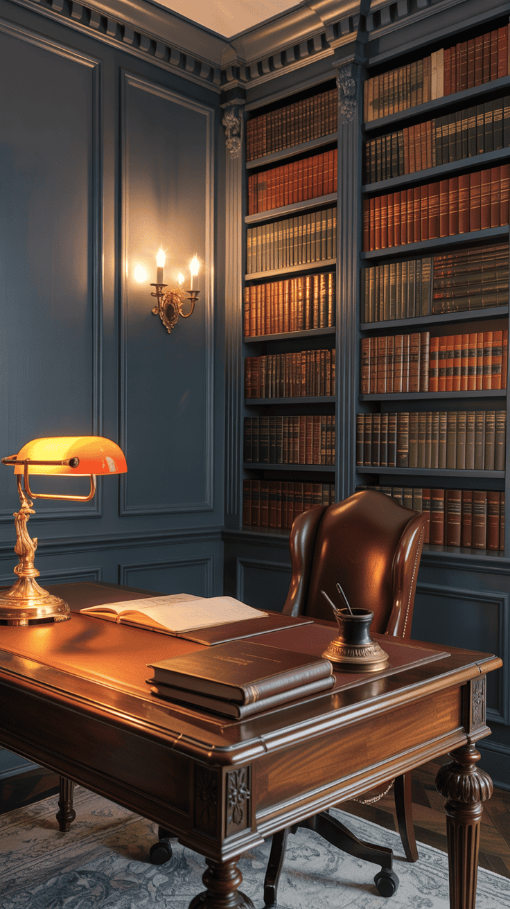 A modern Victorian home office with dark walls, a wooden desk, and bookshelves filled with books.