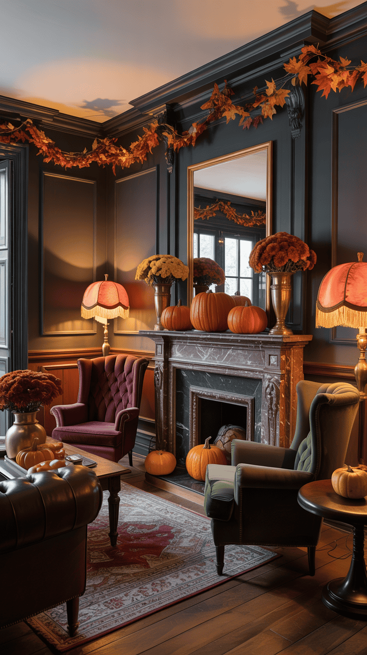A cozy living room with dark walls, featuring seasonal autumn decor including pumpkins and flowers.