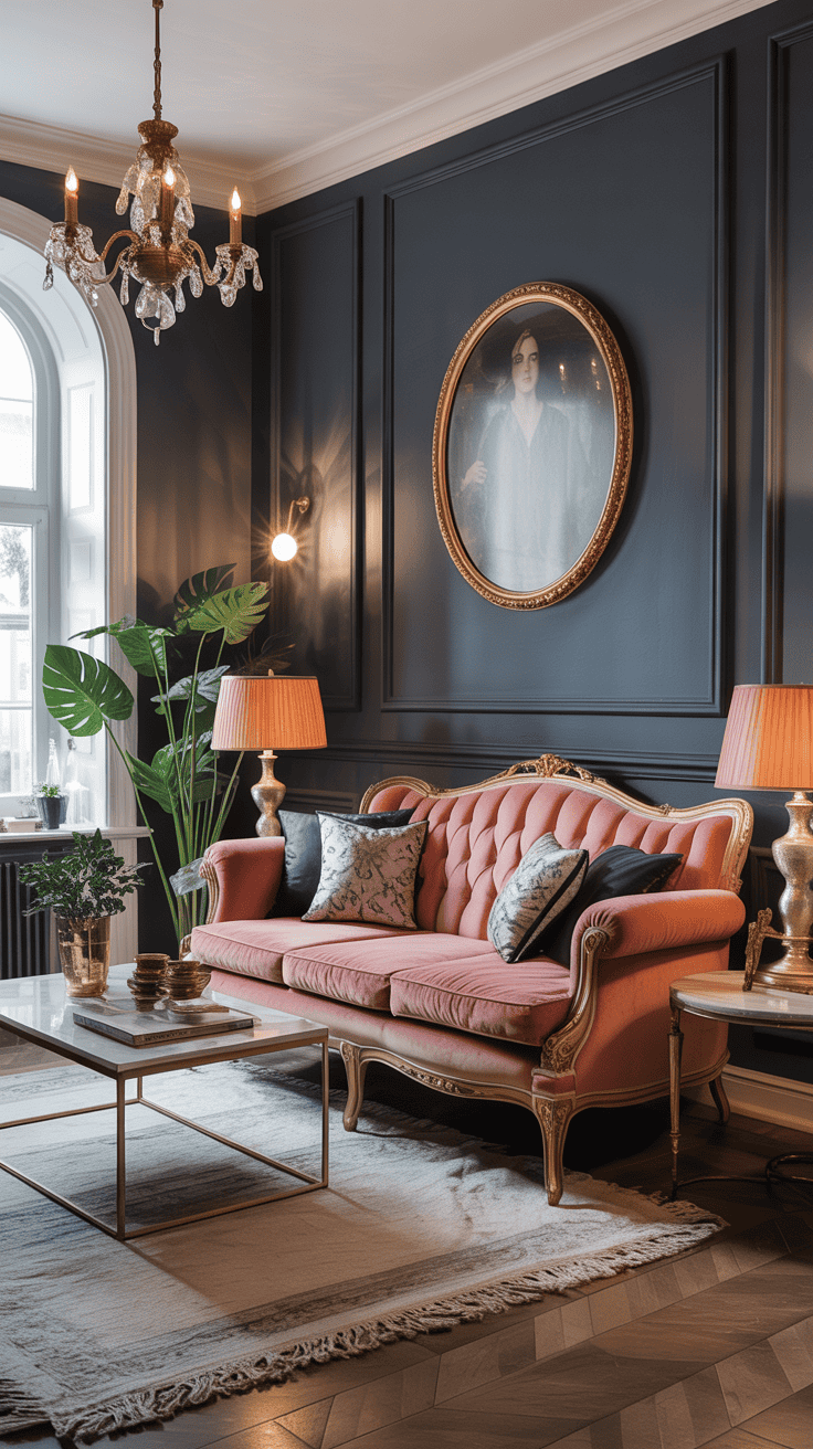 A modern Victorian living room featuring dark painted walls, elegant furniture, and stylish decor.
