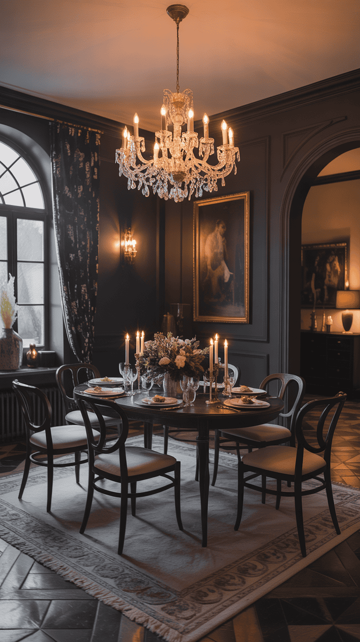 A darkly painted dining room with an elegant table setting, featuring a chandelier and warm lighting.