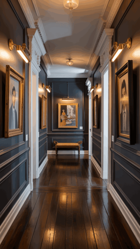 A hallway with dark walls and framed artwork, resembling an art gallery.