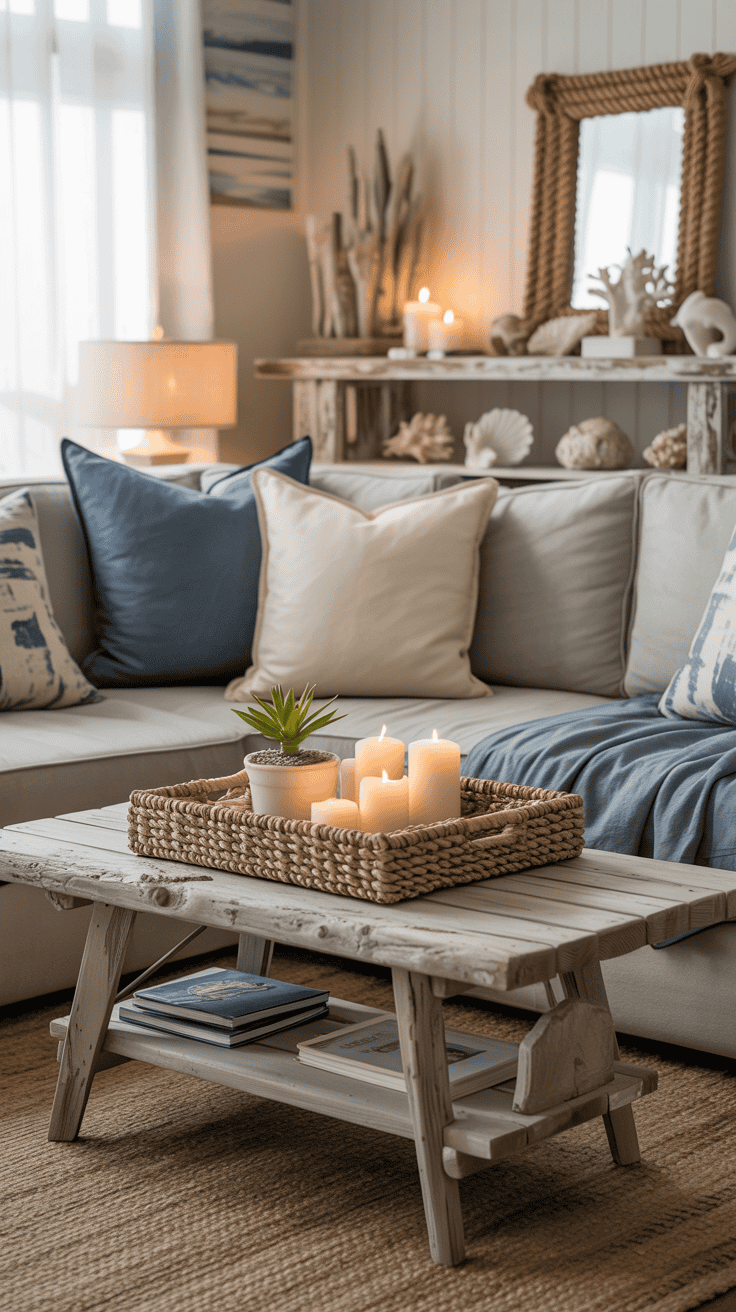A cozy coastal living room with a gray sofa, wooden coffee table, and beachy decor.