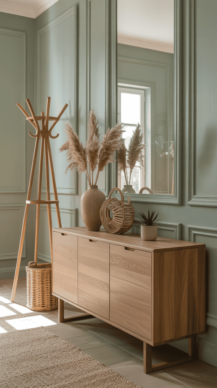A pastel sage green entryway with light oak furniture and decor.