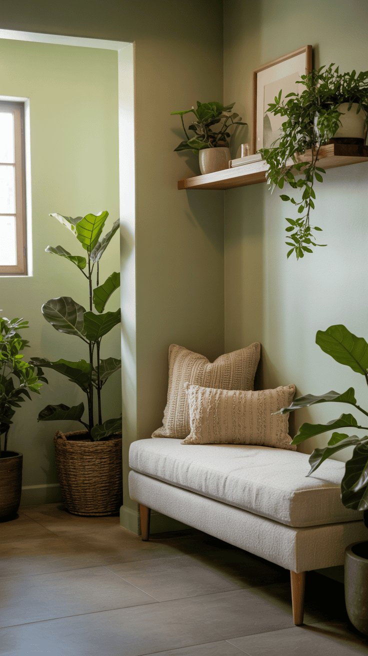 A cozy entryway featuring sage green walls, a soft cream bench, and various plants.