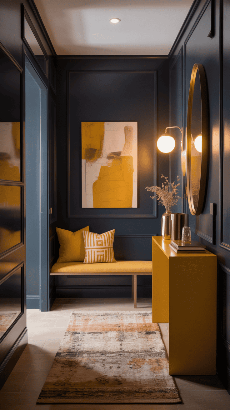 Entryway featuring charcoal walls and mustard yellow decor elements.
