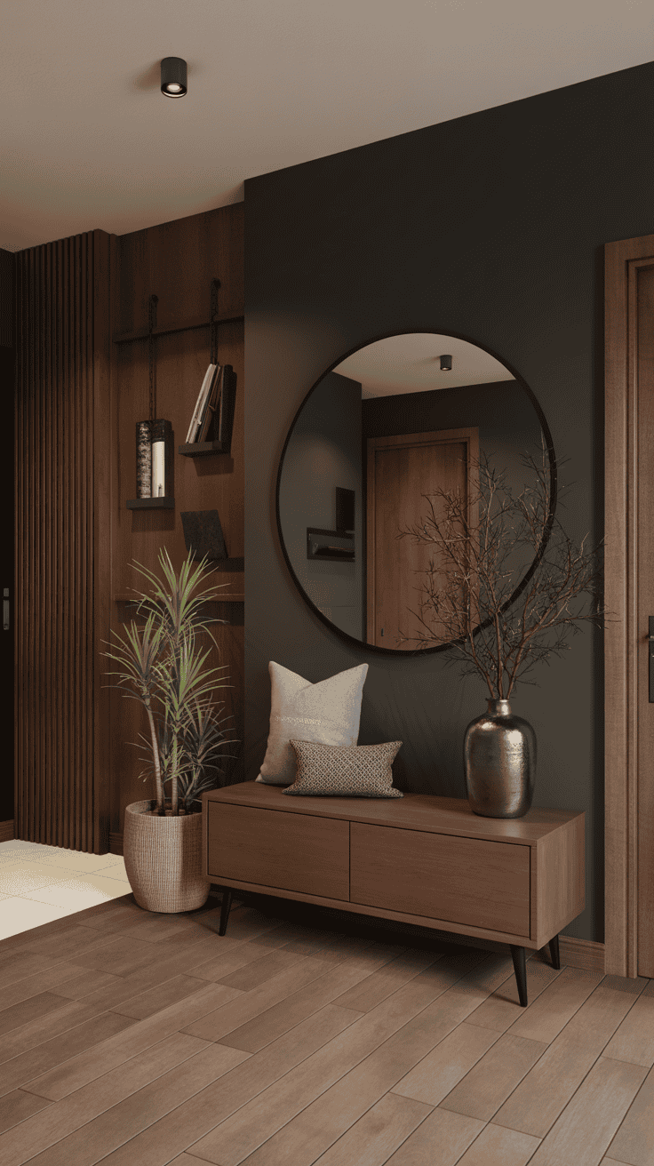 Entryway featuring warm wood tones and a moody charcoal backdrop.