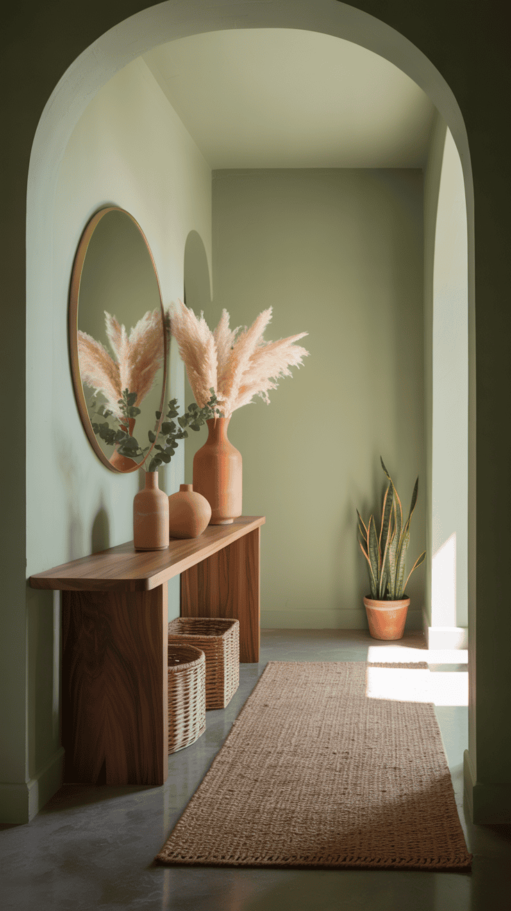 A stylish entryway featuring sage green walls, terracotta accents, and natural decor elements.