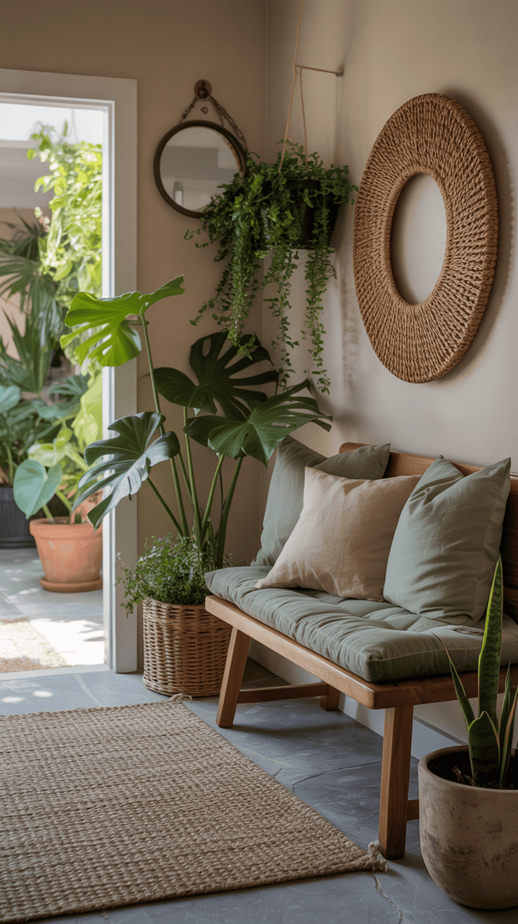 A cozy entryway featuring a wooden bench, sage green cushions, and potted plants.