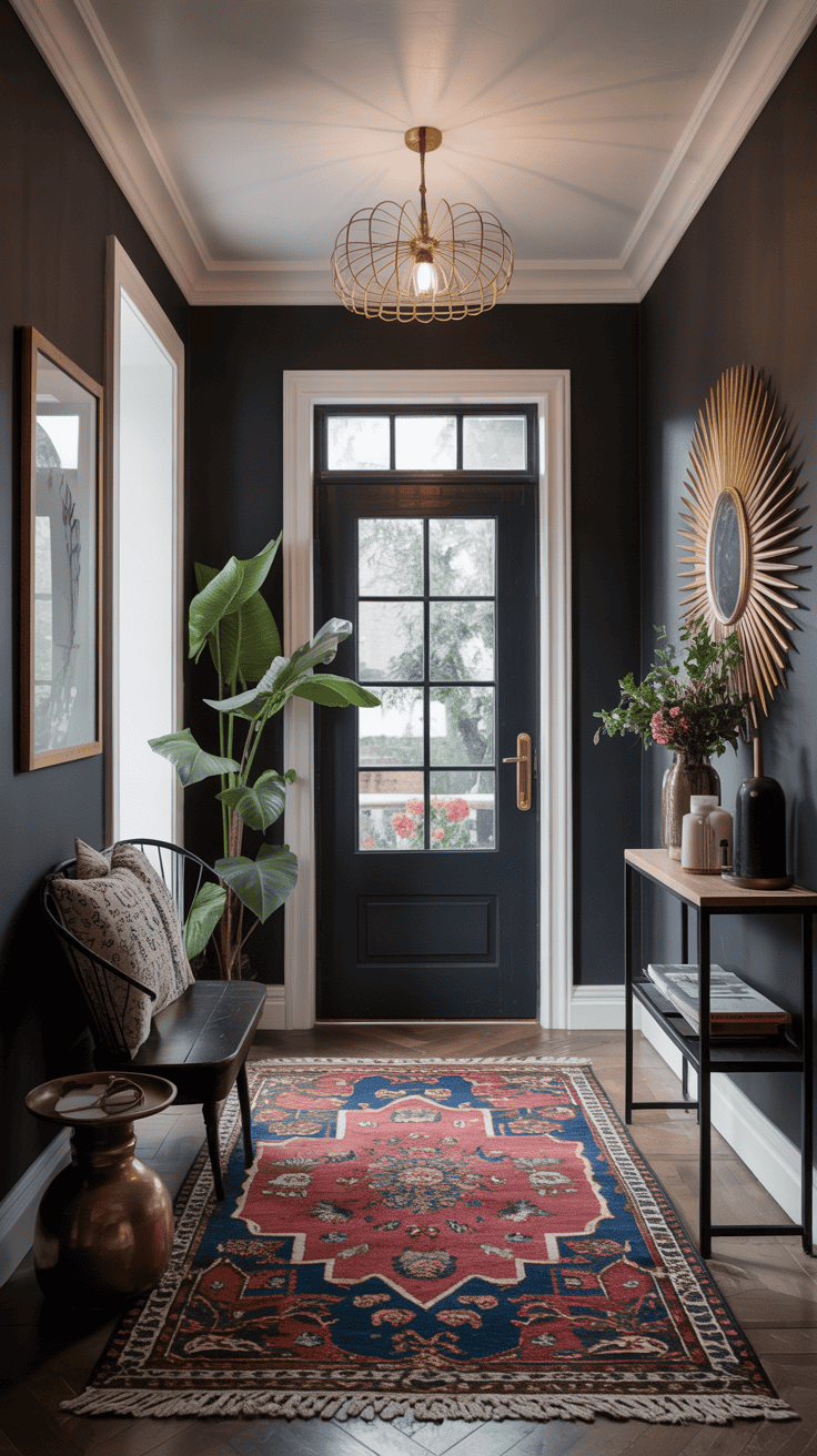 An elegant entryway featuring deep charcoal walls, a colorful rug, and stylish decor.