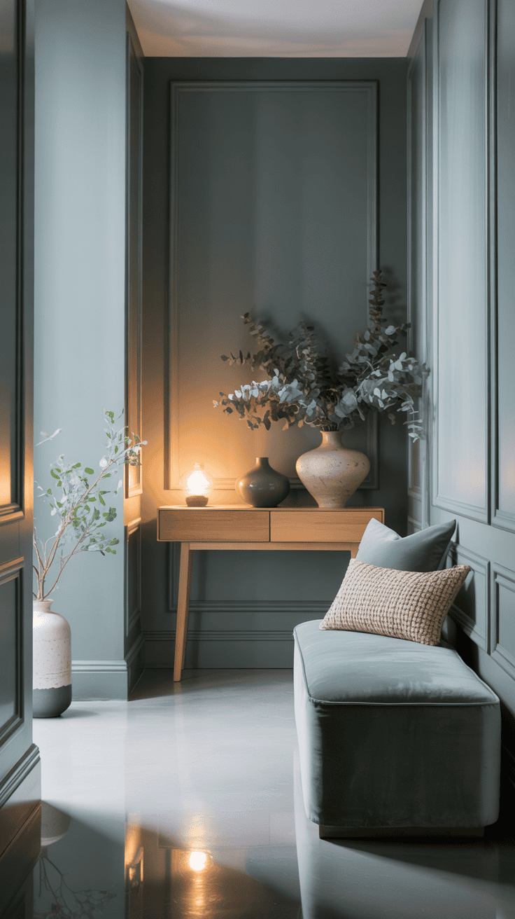 An entryway featuring cool grey walls and sage green decor elements.