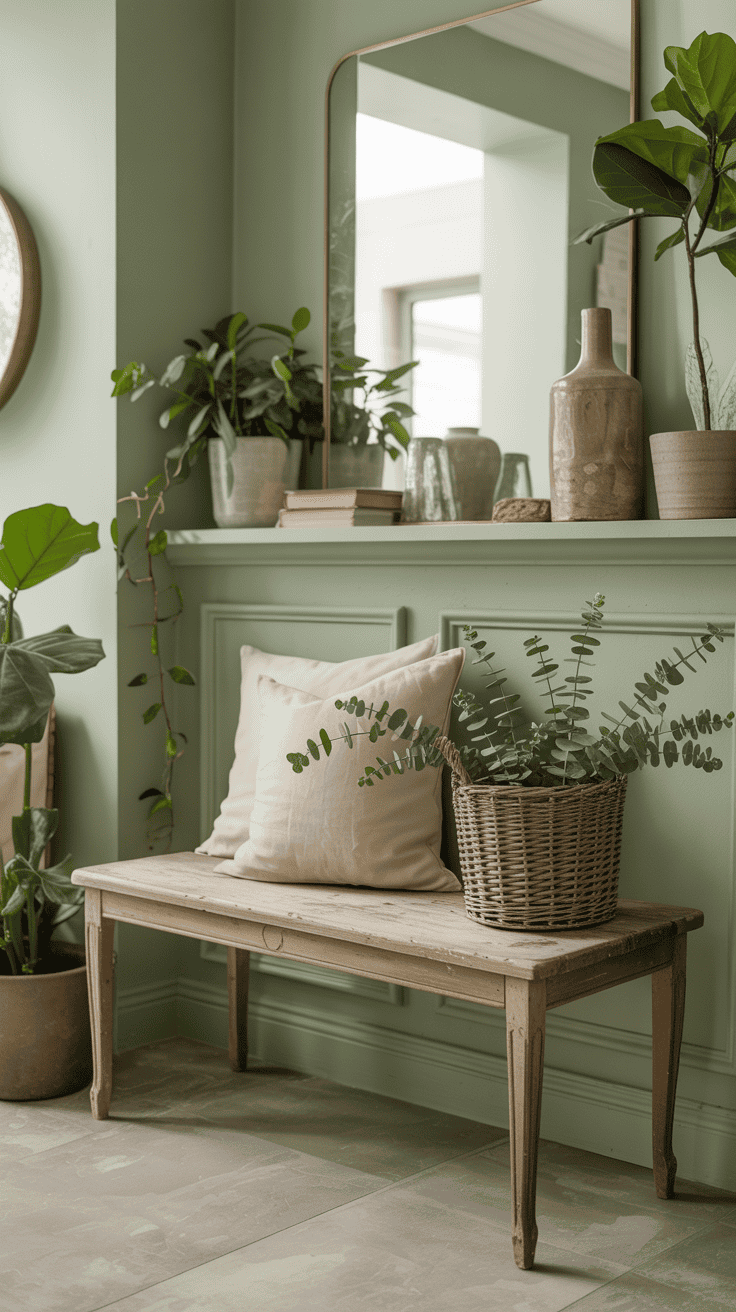 A soft sage green entryway featuring a vintage bench, plants, and decorative items.