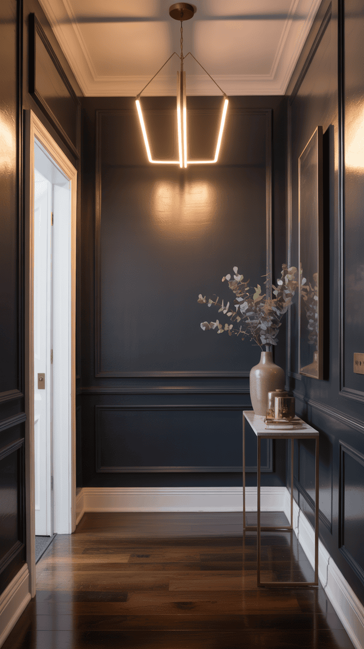 Entryway with moody charcoal walls and bright white trim, featuring a stylish light fixture and decor.