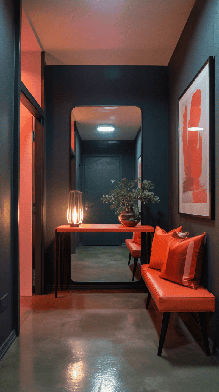 A stylish entryway featuring charcoal walls and bright coral accents.