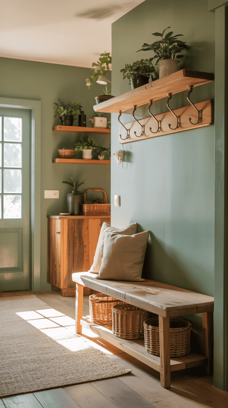 A cozy entryway with sage green walls and natural wood accents.