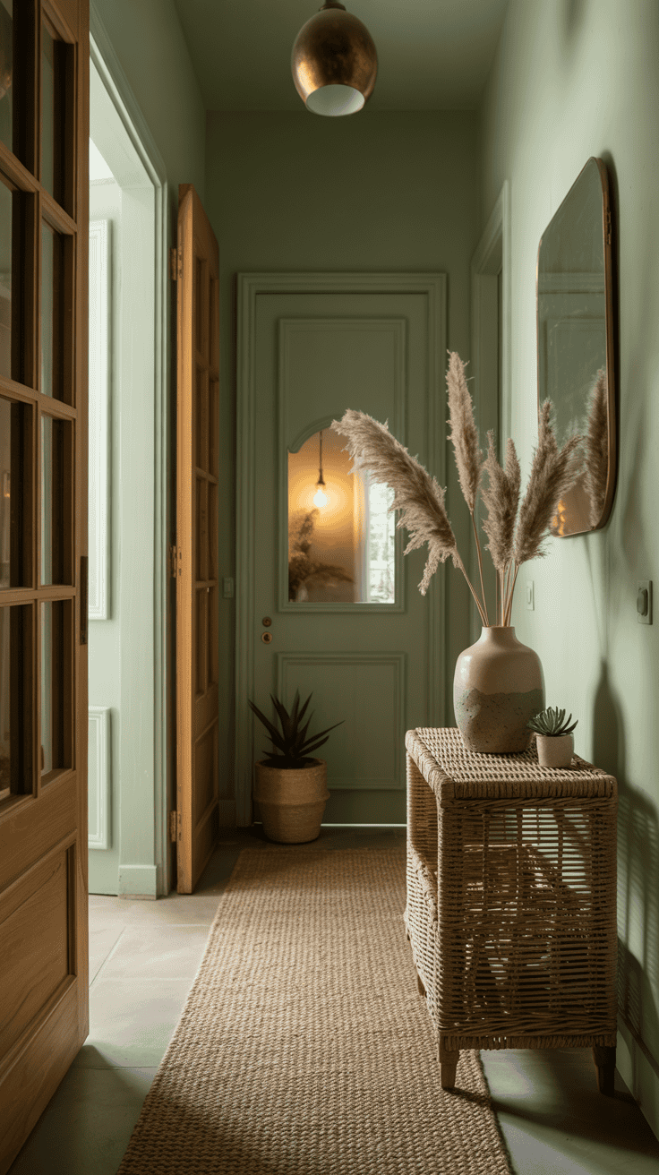 A stylish entryway featuring sage green walls, woven textures, and decorative elements.
