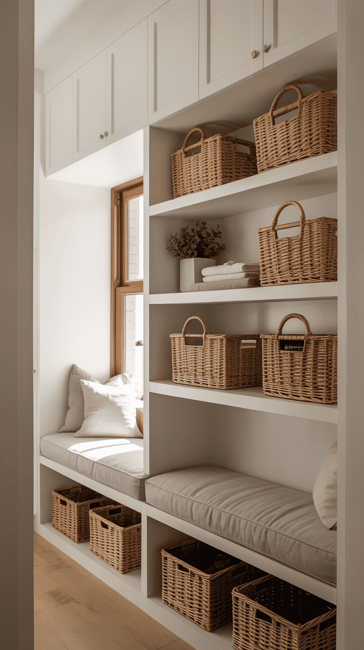 Chic mudroom shelving with baskets and a bench