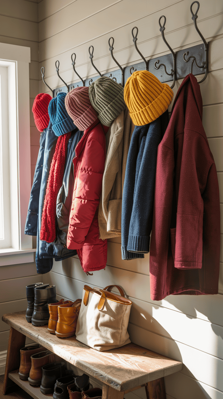 Wall-mounted hooks displaying colorful hats and coats in a mudroom.