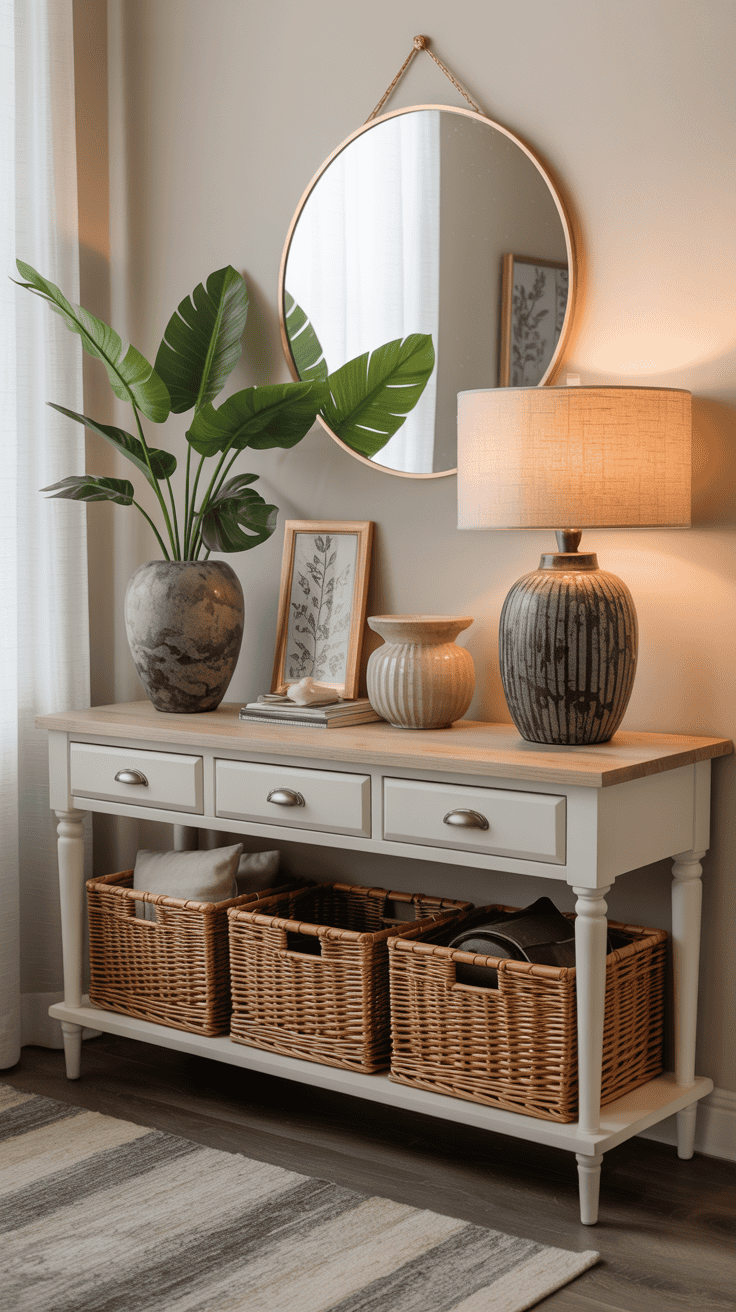 A stylish entryway table with decorative items, a vase, and storage baskets.