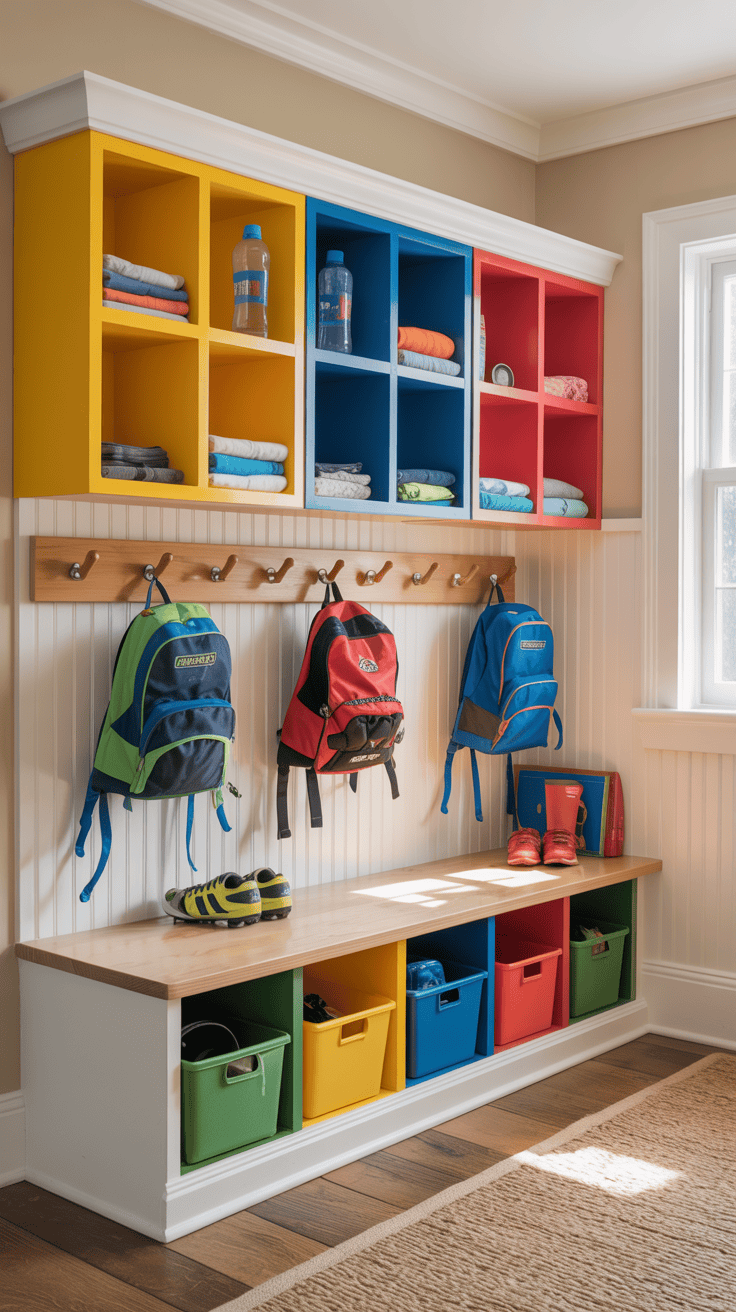Colorful cubbies and hooks for kids' backpacks and sports gear in a mudroom