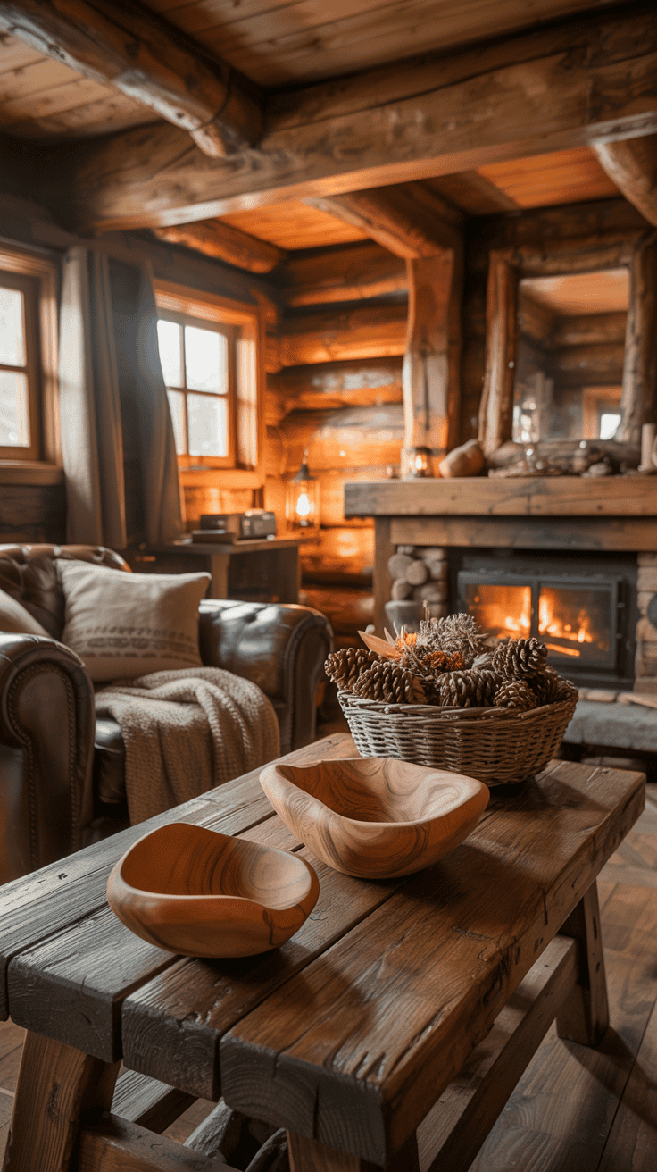 A display of wooden accents and decor in a cozy cabin setting.