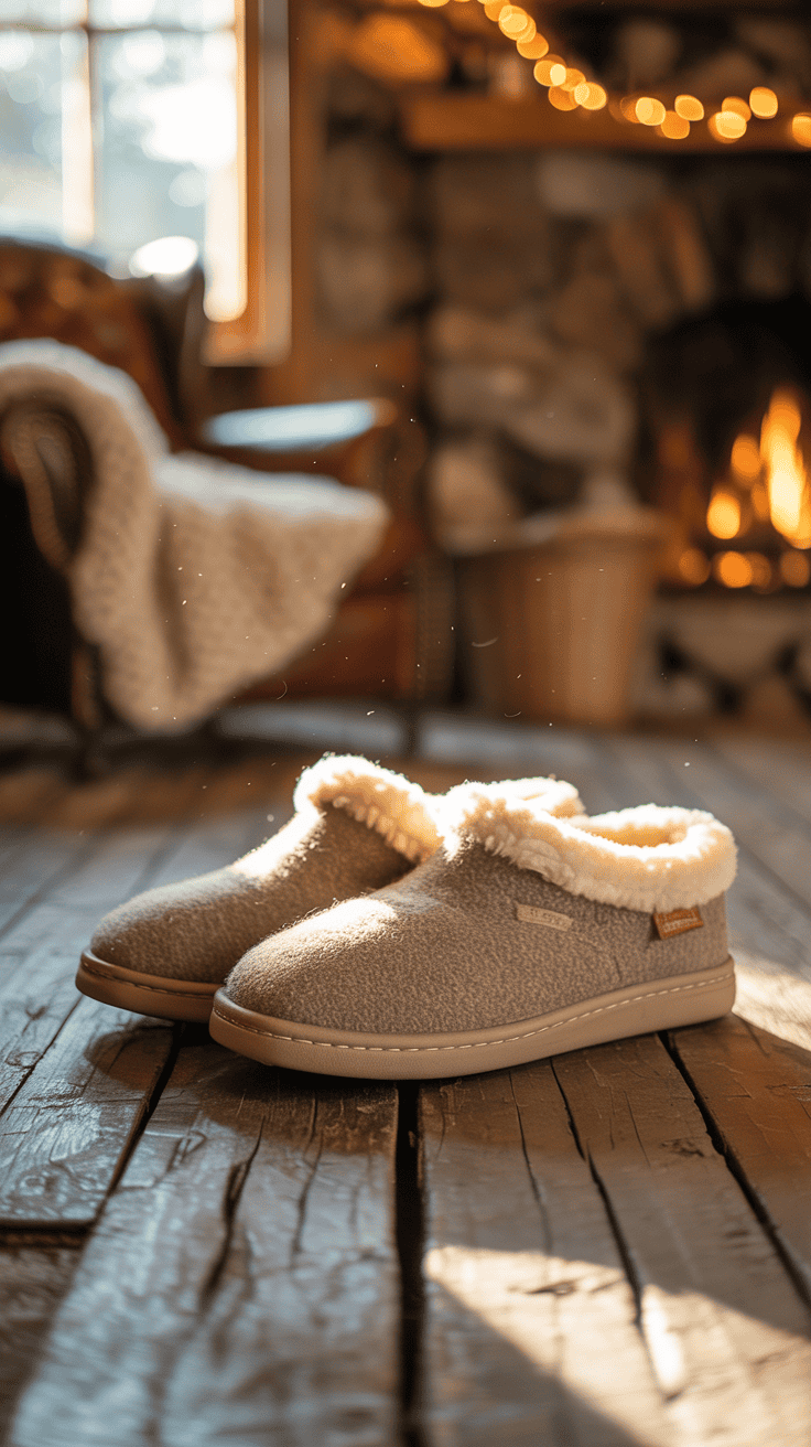 A pair of cozy slippers on a wooden floor in a warm, inviting cabin setting.