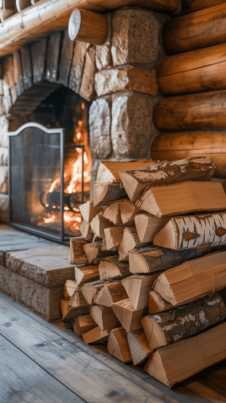 A neatly stacked pile of firewood next to a stone fireplace in a cozy cabin.