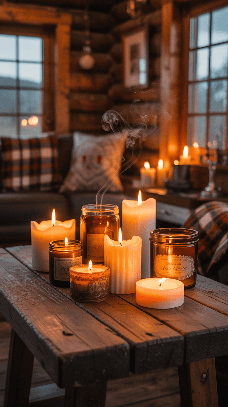 A collection of various scented candles lit on a wooden table in a cozy cabin setting.
