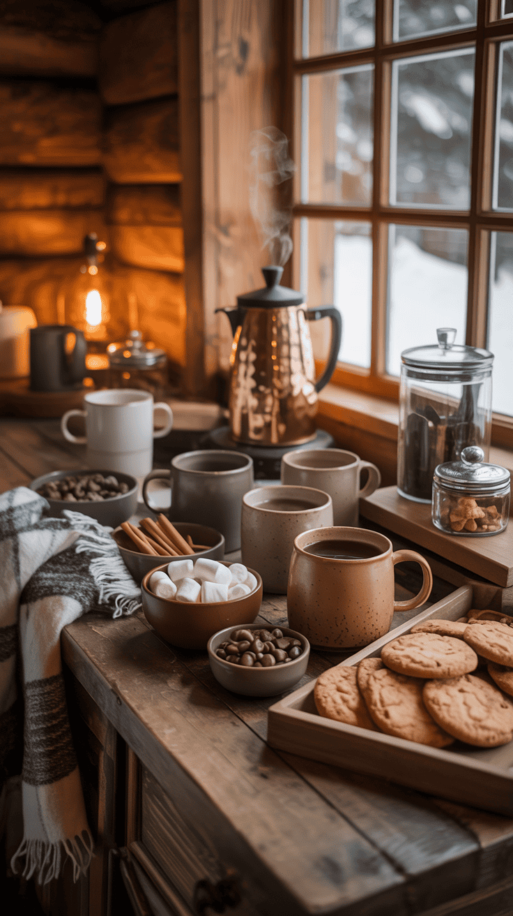 A cozy hot beverage station in a winter cabin with mugs, snacks, and a coffee pot.