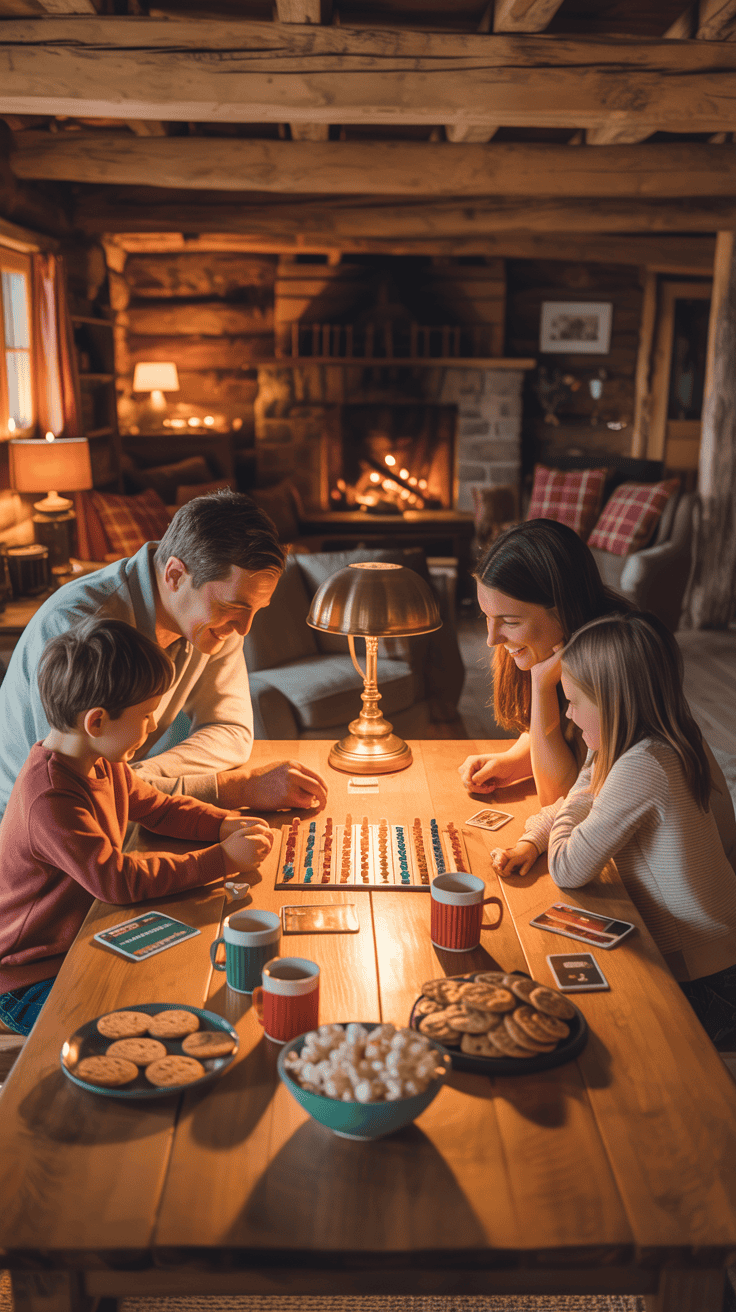 A cozy cabin scene with a family playing board games at a wooden table, surrounded by snacks and warm lighting.