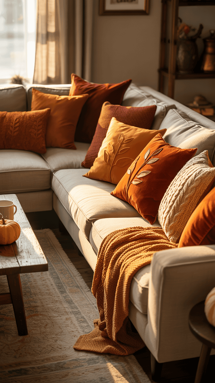 Cozy living room with seasonal throw pillows on a sofa