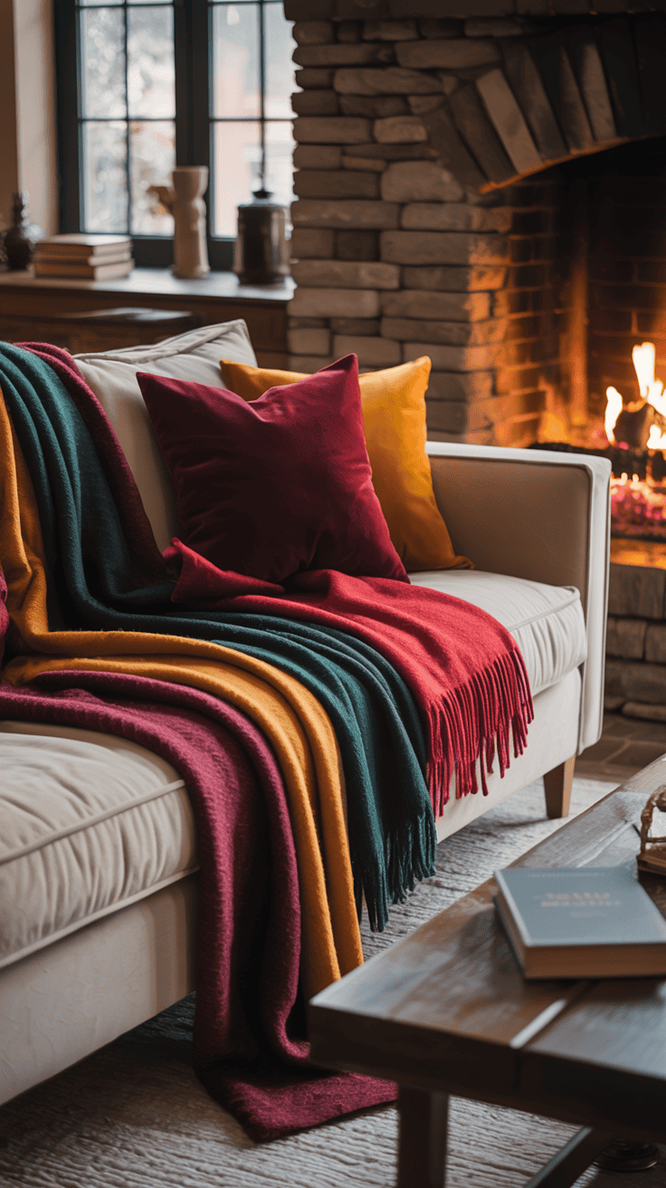Cozy living room with colorful throws and blankets on a sofa next to a fireplace.