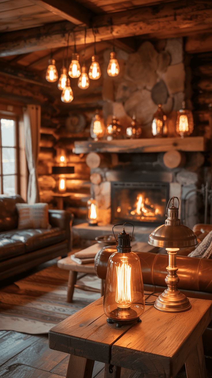 Warm lighting fixtures in a cozy cabin setting