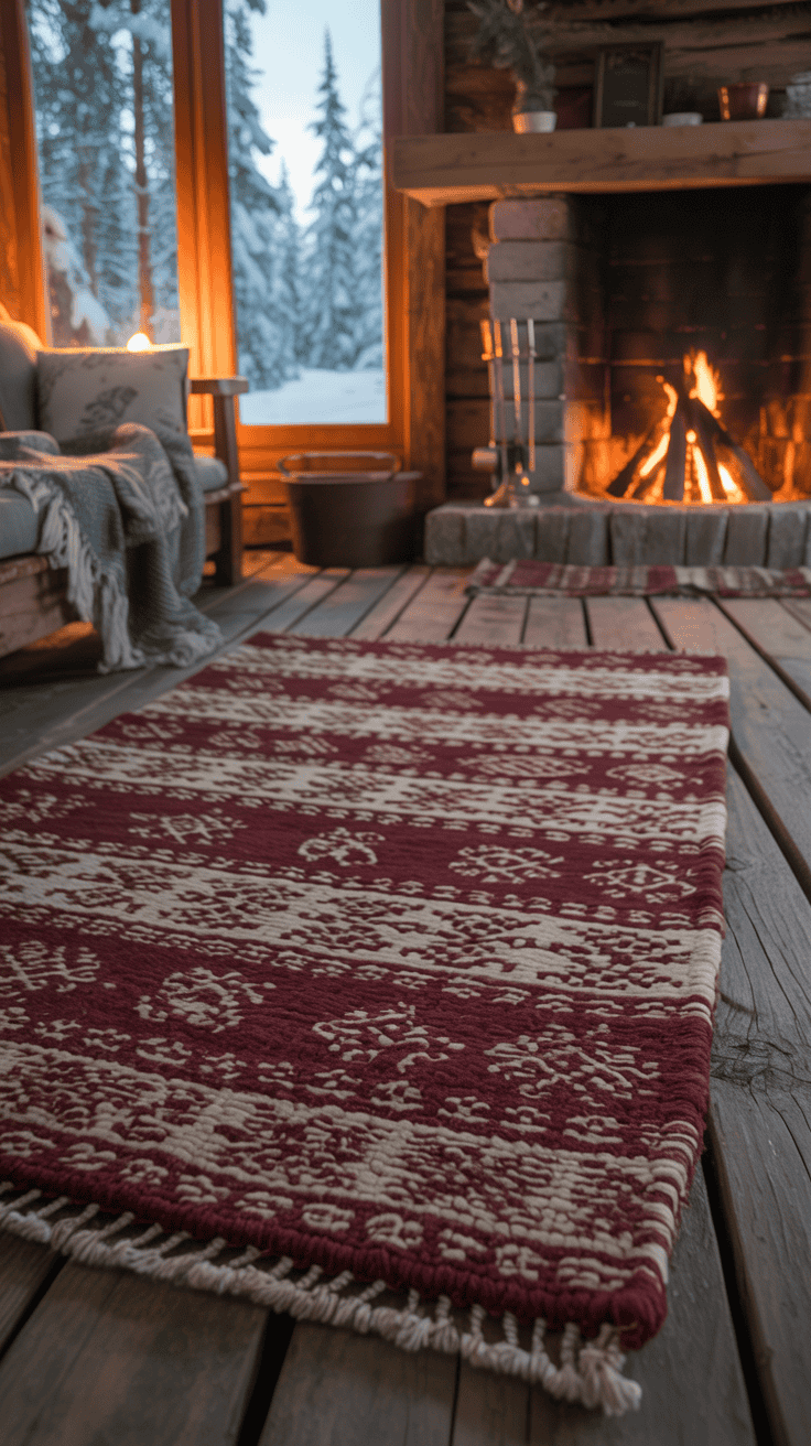 A cozy rug with the words in a winter cabin setting.