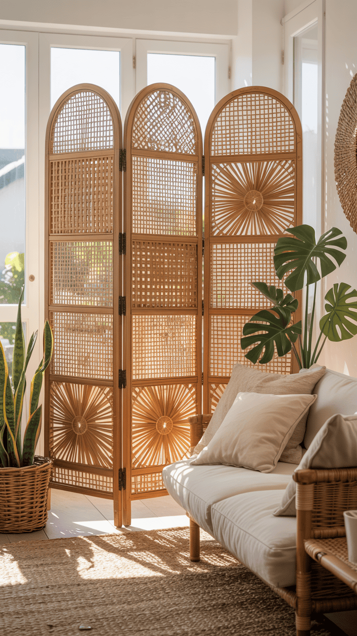 Foldable bamboo weave room divider adding warmth and texture in a small rental living room.