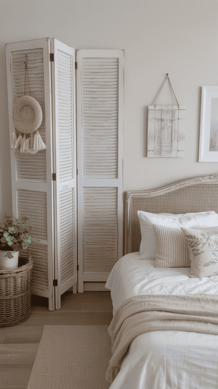 Whitewashed shutter-style foldable divider creating an airy coastal feel in a rental bedroom.