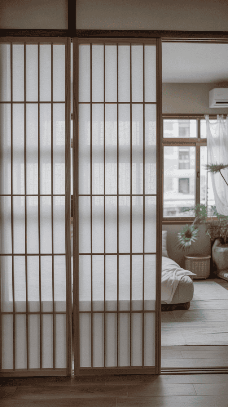 Japanese shoji folding screen providing soft privacy in a minimalist rental apartment.